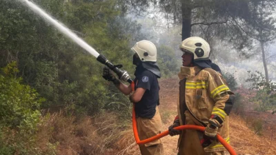 İzmir’in Menderes ilçesinde öğle saatlerinde başlayan orman yangını, rüzgârın da